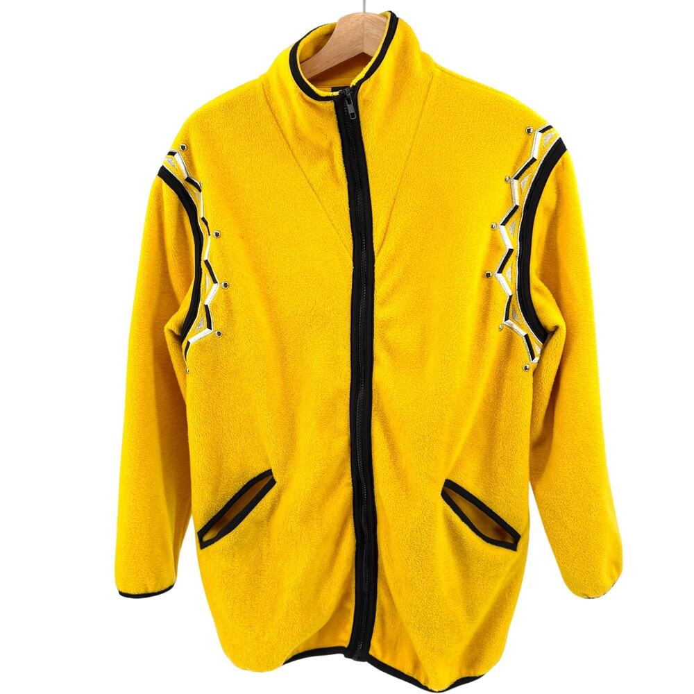 Vintage 90s Bob Mackie Yellow Studded Embroidered Fleece Zip Jacket